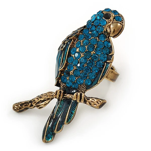 Anillo grande de cristal azulado loro loro en metal dorado antiguo - 60 mm L - tamaño 7/8 Foto 1 de 4