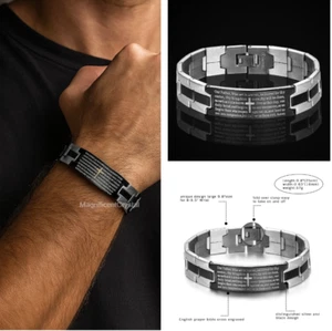 Stainless Steel Bible Cross Mens Bracelet English Prayer Cuff Christian Gifts - Picture 1 of 8