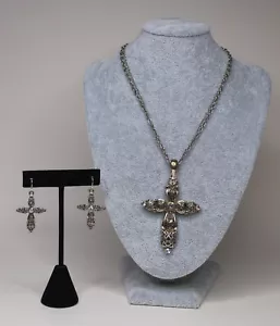 Statement Croce Collana Strass Intricato Argento Orecchini Abbinati 16" - Foto 1 di 10