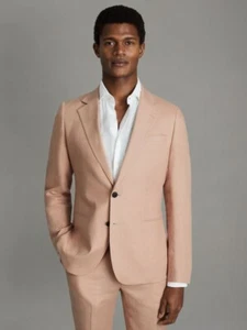 REISS MENS Single-Breasted Linen Suit Blazer Jacket Slim Fit in Pink Size 42" - Picture 1 of 7