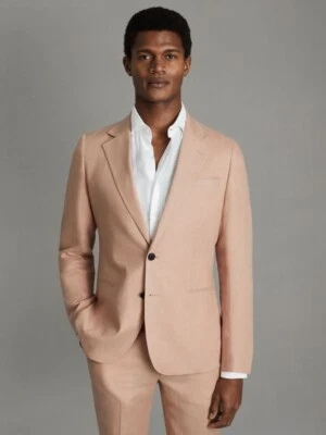 REISS MENS  Single-Breasted Linen Suit Blazer Jacket Slim Fit in Pink Size 42" - Image 1 of 4