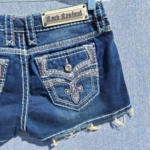 NWOT Rock Revival Womens CELINDA Dark Wash Blue Jean Shorts TAG 29 Rhinestones - Picture 1 of 10