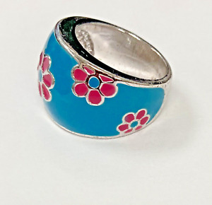 Women's Enamel Statement Ring, Teal & Silver with Pink Flowers  (size 7 or 8)
