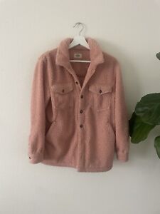 Marine Layer Eden Sherpa Overshirt Jacket In Coral Cloud Pink S Pockets