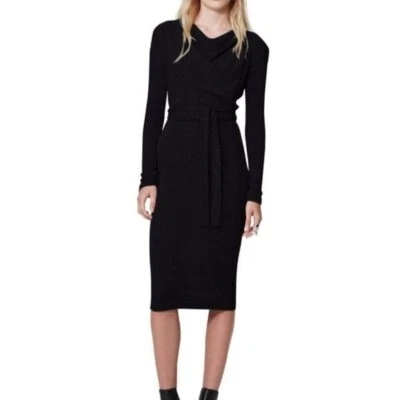 Vestido midi tejido negro manga larga cinturón capucha cuello - Elegante talla 6 Foto 1 de 4