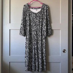 J. Jill Floral Print Button Scoop Neck Midi Dress Women 2XL Black 3/4 Sleeve EUC - Picture 1 of 15