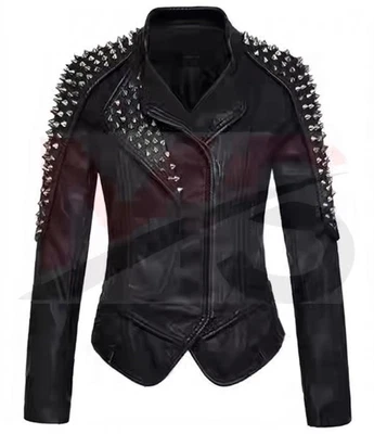 Женская с заклепками панк кожаная куртка ручной работы мотоциклиста Brando рок стиль шип - Изображение 1 из 4