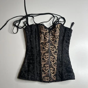 Spirit Gothic Black Brocade Corset Top Lace Up Gold Trim Women’s S - Picture 1 of 7