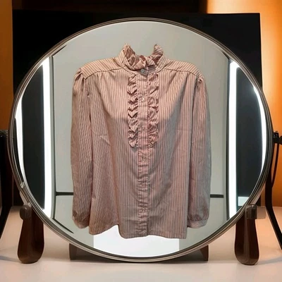 Vintage 1970s 80s Red Striped Ruffled Button Up Shirt Blouse Size Large? - Image 1 of 3