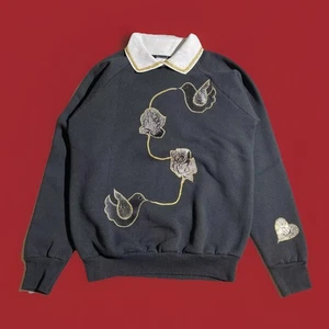 Vintage Grannycore Love Doves Roses Black Gray Gold Pullover Sweatshirt LRG - Picture 1 of 23