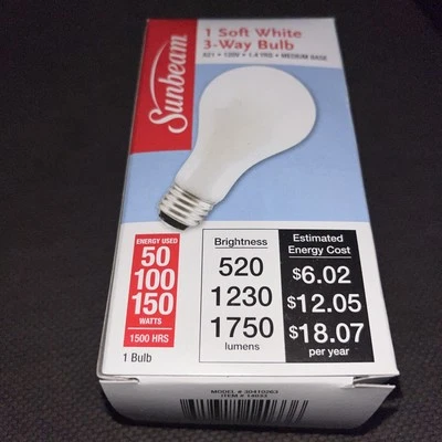 NIP Sunbeam 1 Soft White 3-Way Bulb 50/100/150 Watts. - Image 1 of 4