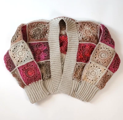 Handmade Crochet Granny Square Cardigan Pink Rose White Women’s Boho M - Image 1 of 4