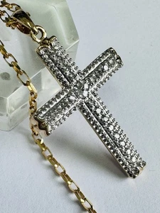 PRETTY 9CT YELLOW WHITE GOLD DIAMONDS CROSS ON 20 INCH CHAIN - Picture 1 of 24