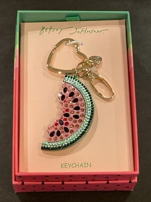 Betsey Johnson Crystal Pink Green Watermelon Gold Tone Keychain Bag Charm - Image 1 of 4