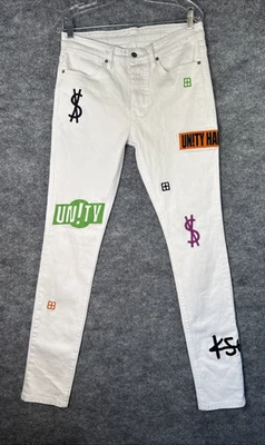 Pantalones de mezclilla blancos para hombre Ksubi talla 32 estilo bombo/ropa de calle bordados y retazos Foto 1 de 4