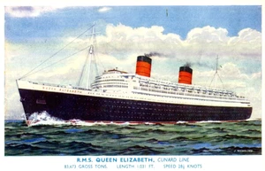 1950s postcard Cunard Line passenger liner RMS QUEEN ELIZABETH by J Nicholson - Picture 1 of 1