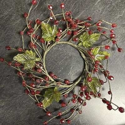 Lucite Pepperberry Wired Candle Ring Wreath Red Beads and Leaves Christmas - Image 1 of 4