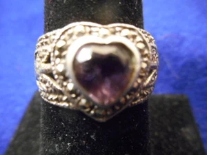VERY NICE STERLING SILVER WITH AMETHYST HEART AND MARCASITE RING - SIZE 9 - Picture 1 of 7