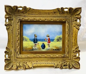 Original Jack Prager Emaille auf Kupfer Gemälde gerahmt Kinder beim Spielen mit Bär - Bild 1 von 10