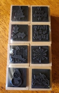Set Of 8 Christmas Woodblock Rubber Stamps Holiday Crafts Small Tree Snowman  - Picture 1 of 3