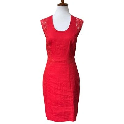 Artelier Nicole Miller Red Linen Blend Sleeveless Sheath Dress Lace Waist Size 8 - Image 1 of 4