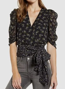 NWT $198 Bailey 44 Women Black V-Neck Ruched Wrap Puff-Sleeve Blouse Top Size M - Picture 1 of 6