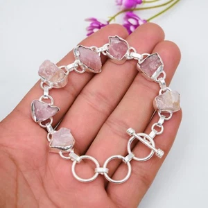 Rose Quartz Raw Gemstone Jewelry 925 Sterling Silver Handmade Chain Bracelet - Picture 1 of 5