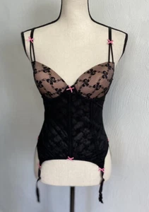 Betsey Johnson Sexy Black Lace Corset Bustier Garter Lingerie 34B - Picture 1 of 10