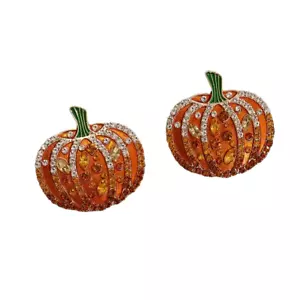 Halloween Pumpkin with Rhinestones Stud Post Earrings - New - Picture 1 of 2