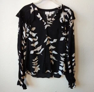 Top para mujer A NEW DAY talla XS negro tostado estampado de hojas con volantes manga larga cuello nuevo con etiquetas - Imagen 1 de 9
