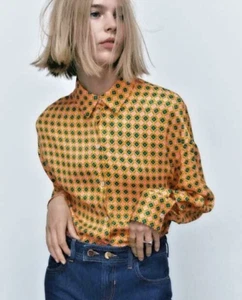 Zara Soft Satin Geometric Tile Print Blouse Shirt Size XS - Picture 1 of 10