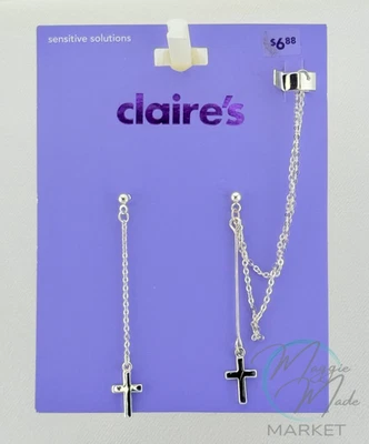 Novo Conjunto de Brincos e Corrente Ear Cuff de Prata com Gota Cruzada Claire’s - Imagem 1 de 3