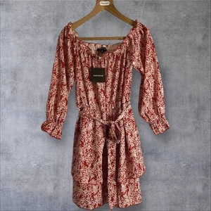 Parisian Red Floral Off-Shoulder Mini Dress Tie Waist Size 16 BNWT festival boho - Picture 1 of 10