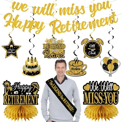 Kit de 11 piezas de decoración de fiesta de feliz jubilación para hombres mujeres, negro dorado feliz retiro Foto 1 de 4