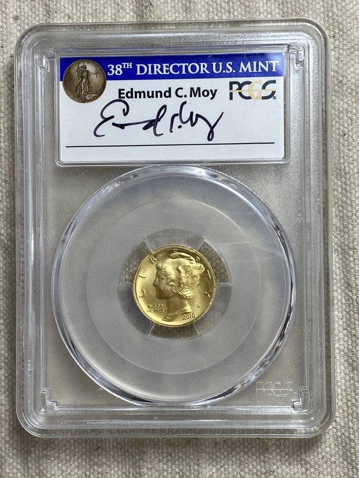 2016-W Mercury Dime 24k Gold 1/10oz PCGS SP70 FS Signed Edmund Moy 1 of 1188 - Image 1 of 4