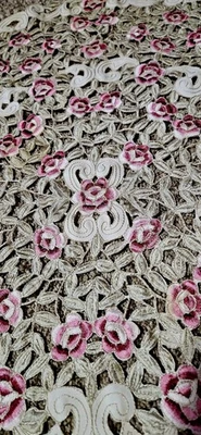 34" DIÁMETRO REDONDO ROSA BORGOÑA FLORAL CREMA BLANCO ROTO MANTEL BORDADO Foto 1 de 4