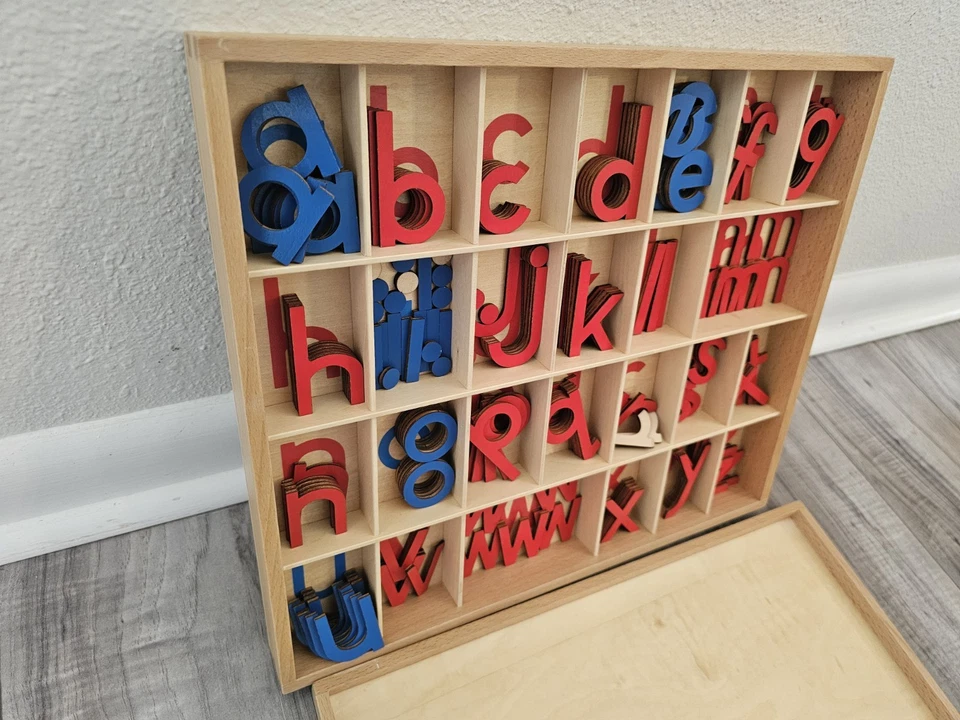 Montessori Wooden Box MOVEABLE Alphabet Red & Blue Learning Manipulables Letters - Image 1 of 4