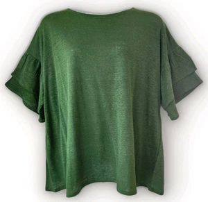 J Jill Love Linen Top 3X Palm Green Layered Ruffle Bell Short Sleeve Round Neck - Picture 1 of 12