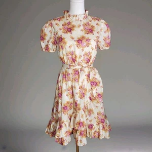 Janie & Jack Puff Sleeve Floral Dress Girls 18 Ruffles Beige Pinks Fairy Grunge - Picture 1 of 16