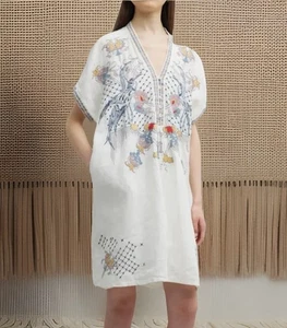 Vestido Camisa BOHO JOHNNY WAS Zippy Lino Difícil de Encontrar Agotado Grúas Bordadas Floral M - Imagen 1 de 11