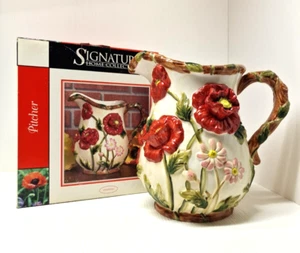 Vintage Signature Home Collection Ceramic Water Pitcher 9" tall Poppies Floral - Picture 1 of 14