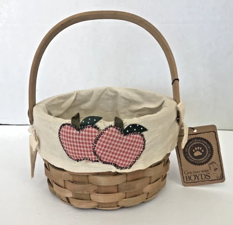 Boyd Collection Annie’s Apple Basket-Cloth Liner-Hinged Wicker Handle-Tags Cover