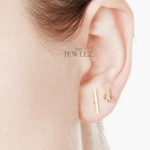 14K Gold 0.12 CT VS/F-G Diamond Mini Bar With Hoop Studs Earrings - The Jewelz - Picture 1 of 6