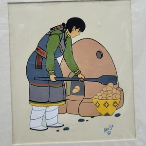 Kai Sa Print Woman Making Bread Sealed New Matted Native American Indian  - Picture 1 of 12