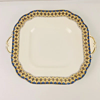 Vintage Aynsley England Blue & Gold Geometric Square Ear Handled Cake Plate Wavy - Image 1 of 4