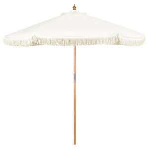 220 cm Sonnenschirm-Holz Marktschirme Rund Outdoor Balkon mit Fransen UV50 - Bild 1 von 9