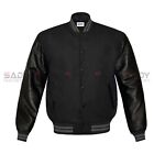 Customize Bomber Varsity Letterman Jacket in Black Wool & Black Cowhide Leather