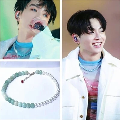 Collar BTS Jungkook media y media ágata y perlas unisex adultos adolescentes Foto 1 de 4