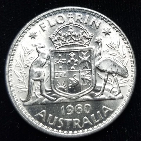 1960 Australia Florin Silver Coin - Beautiful original BU Coin w/ natural Luster Cover