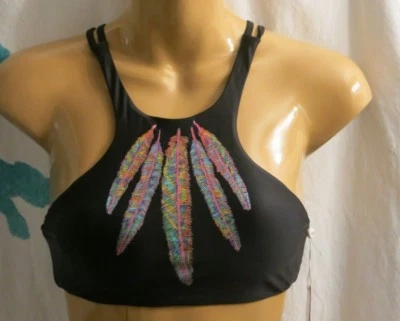 PILYQ Women's S Small Black Gypsy Halter Feather Padded Bikini Swimsuit Top - Image 1 of 2